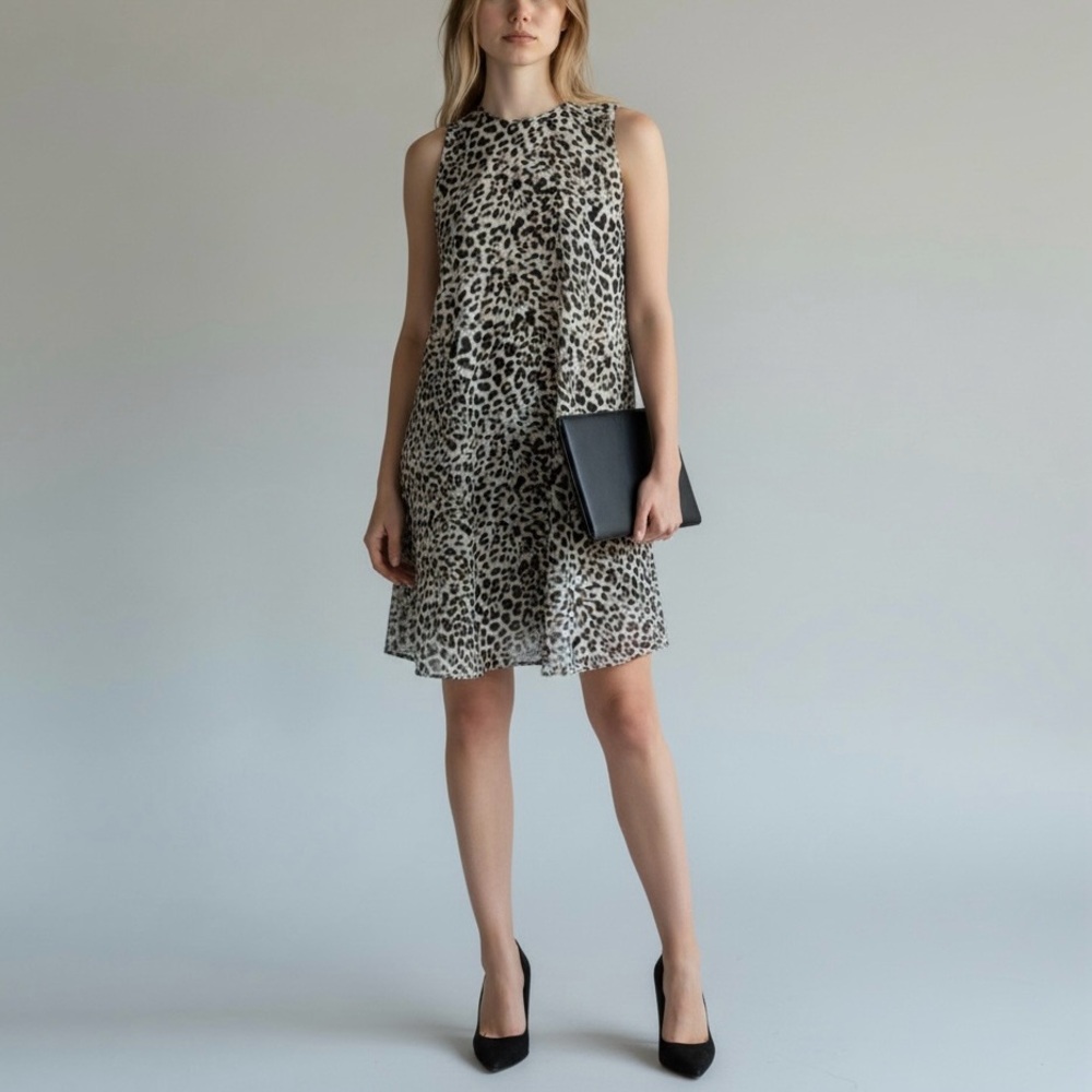 Calvin Klein Chiffon Trapeze Dress Size 10 Leopard Print Sleeveless